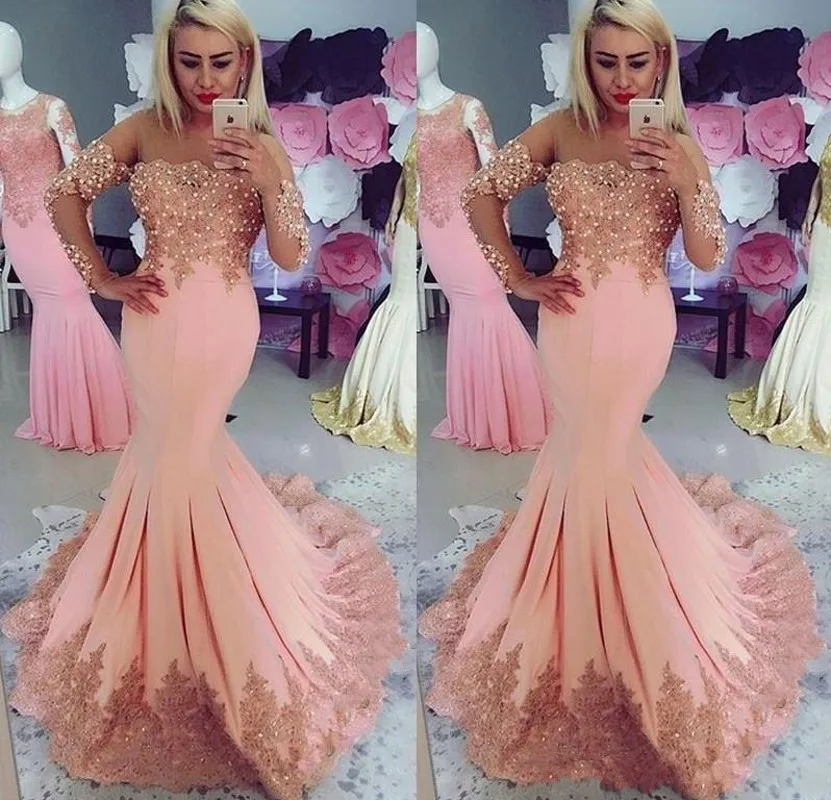 2021 Arabisch Midden-oosten Roze Avondjurk Illusion Lange Mouwen Kant Applicaties Parels Mermaid Prom Gown Vestidos