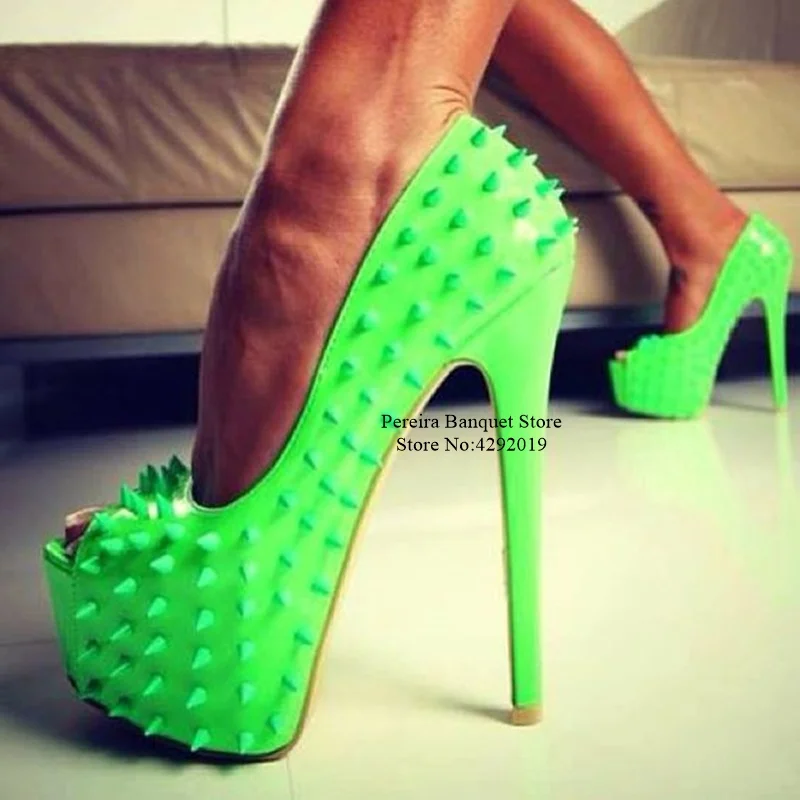 

Green Rivets High Platform Pumps Peep Toe Patent Leather Stiletto Heels Dress Shoes Slip on Full Spikes Studded Wedding Party