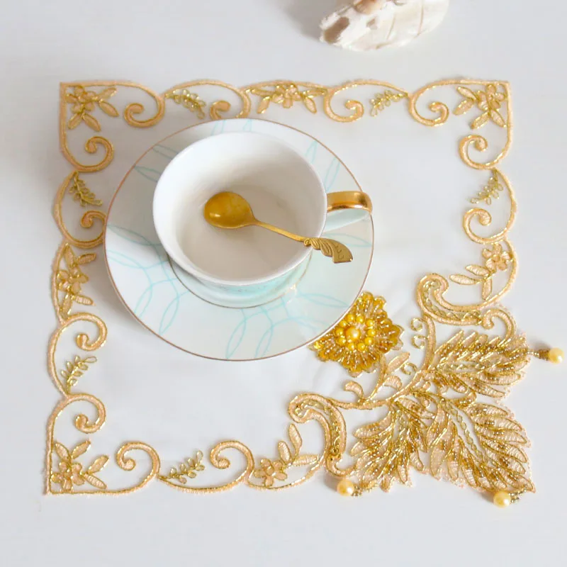 European Handmade Beaded Lace Square Table Mat Coaster Jewelry Antique Cover Phone Desk Lamp Bedroom Study Kitchen Decoration