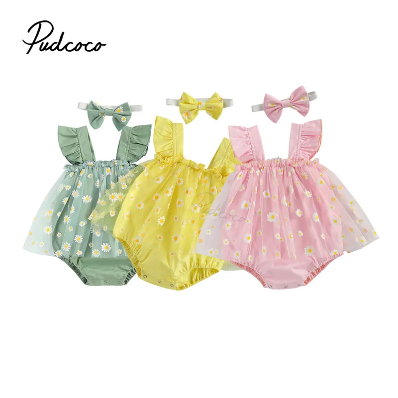 Kleinkind Baby Daisy Druck Zwei-stück Set, infant Mädchen der Platz Kragen Ärmellosen Chiffon Body Rock + Stirnband Set