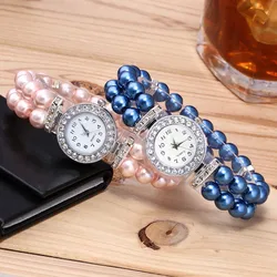 Relógio de strass pérola simulado pequeno para mulheres, pulseira de pulso elegante luxo, joias elásticas para senhora, encantos universais