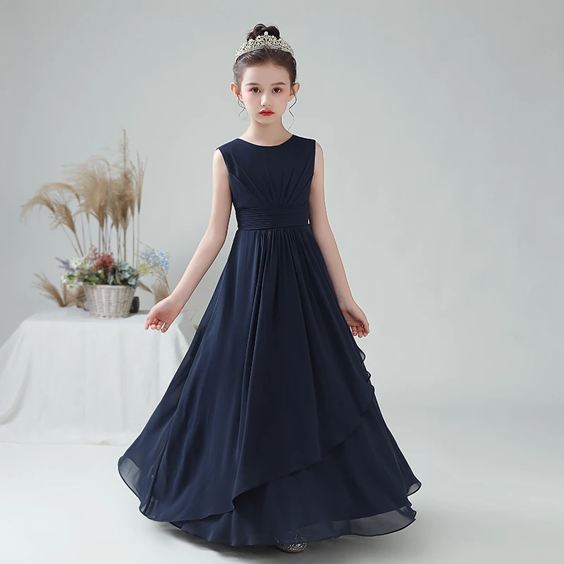 Dideyttawl Customized Navy Blue Chiffon Girls Formal Party Gowns Long Junior Bridesmaid Flower Girl Dresses For Wedding Evening