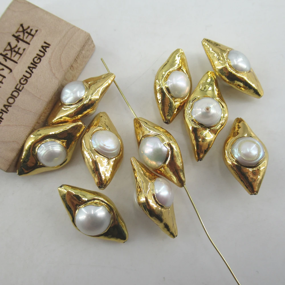 APDGG Wholesale 10 Pcs Gold Plated Natural White Pearl Beads Olive Shape Charm Boho Jewelry DIY Making