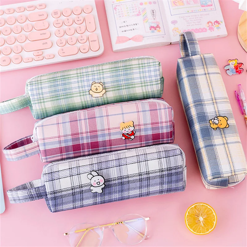 

Portable JK Check cloth pencil case girls pencil bag School stationery bag Simple canvas pen case Student pen bag kid handbag