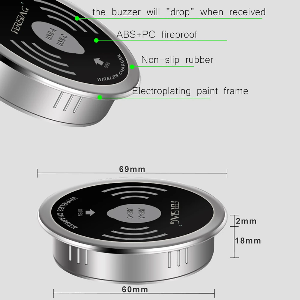 FERISING-cargador rápido inalámbrico QI, dispositivo de carga rápida, resistente al agua, 15W, tipo C, USB C, para Bar, Hotel, oficina, SpeedRail