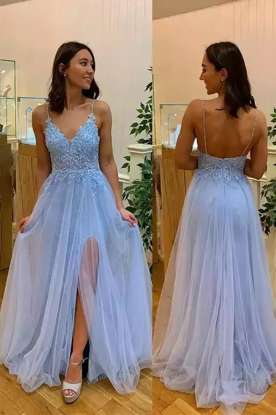 Light Blue แยกชุดราตรีลูกไม้ Applique ลูกปัด2022 V คอสายหนังปาเก็ตตี้สาย Tulle Backless ชุดออกงานกลางคืนอย่างเป็นทางการ