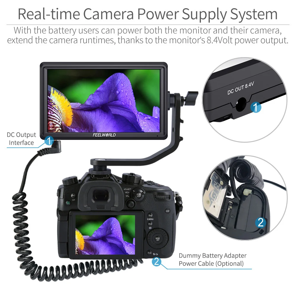 FEELWORLD S55 5.5 Inch DSLR Camera Field Monitor Focus Assist Small HD 1280x720 IPS with 4K HDMI 8.4V DC Out Tilt Arm