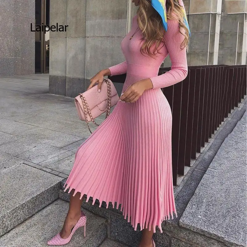 

Women Knitted Long Dress Autumn Winter Slim Sleeve Ladies Dresses Elegant Party Female Sweater Dress 8 colors