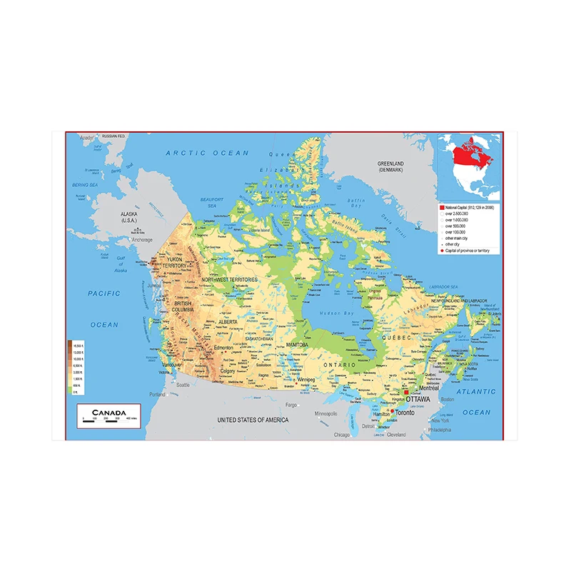 كندا الطبوغرافية خريطة باللغة الفرنسية 90*60 سنتيمتر قماش لوحات الملصقات والمطبوعات صور فنية للجدران الدرجة غرفة لوازم