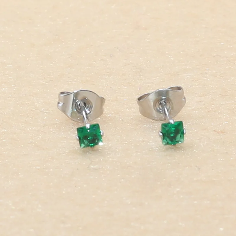 Stainless Steel  Stud Earrings Colorful AAA Square 3MM Zircons Earring No Fade Allergy Free For Unisex