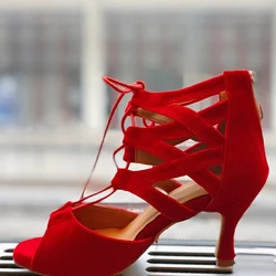 Evkoodance Vrouwen Latin Dansschoenen Rode Kudde Danslaarzen 7Cm Ballroom Tango Dansschoenen Diy Club Party Latin Dansschoenen