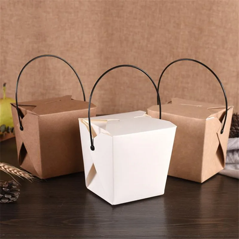 

10x9x10cm Kraft Paper Box Lunch Snack Furit Salad Box Disposable Fast Food Takeaway Packaging Box With Black Plastic Handle 50pc