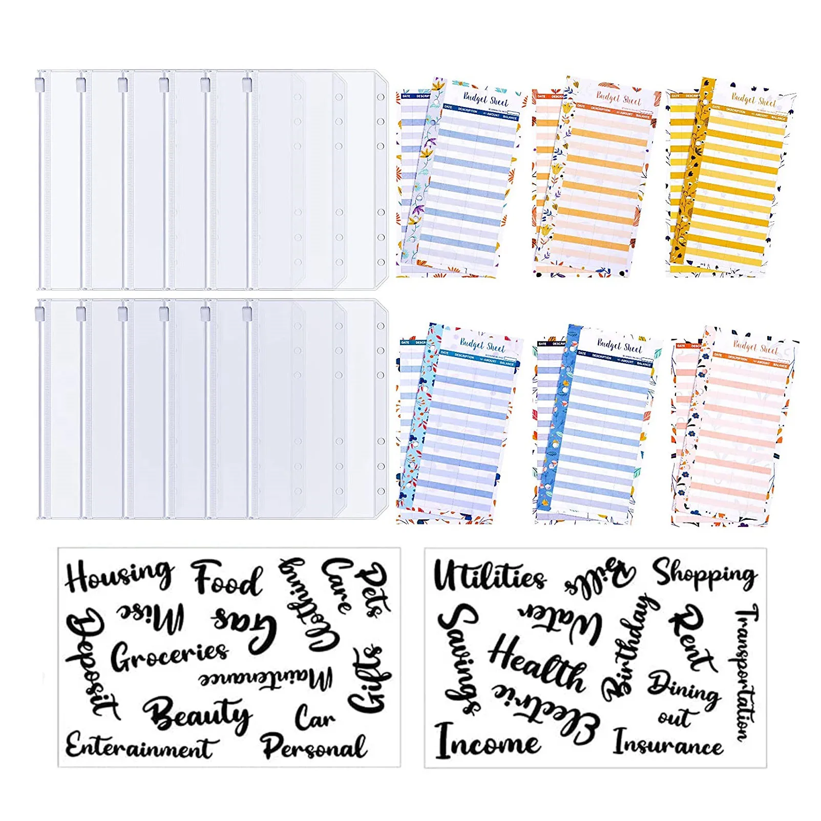 26 Pieces A6 Size 12 Pcs Binder Pockets ,Budget Expense Tracker Sheets and 2 Sheets Cash Envelope Sticker for Budget Planners