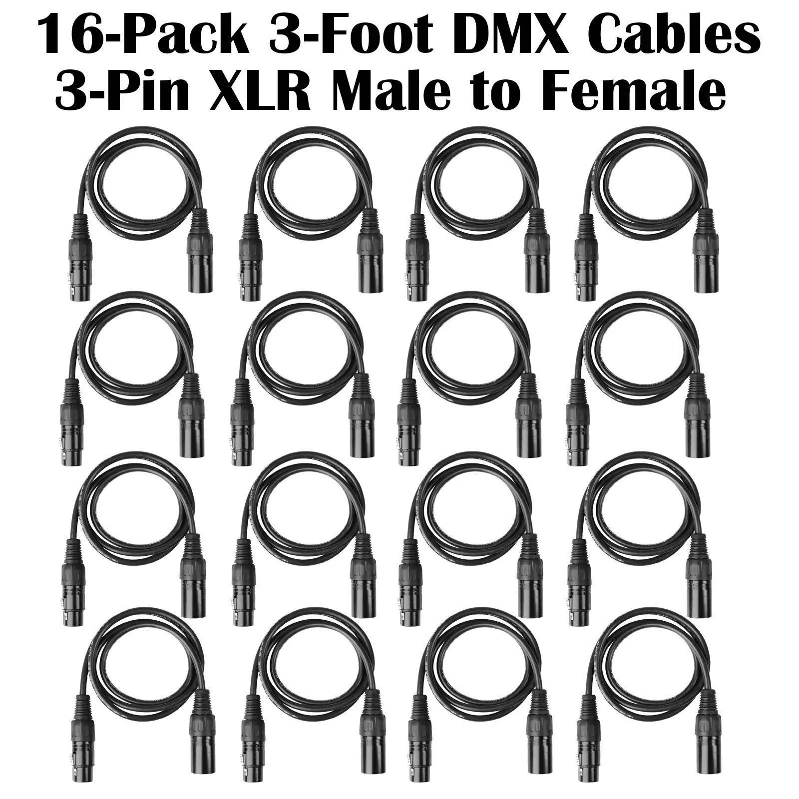 Pack of 16 pcs Black 1m/2m 3Pin XLR Cable Premium XLR Male to XLR Female Microphone Shielded Cable M/F Audio Cord DMX512