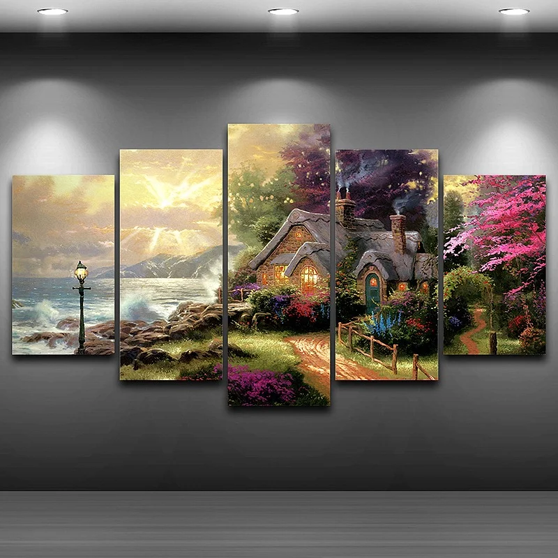 Classic Oil Painting HD Print Canvas Wall Art, 5 Panel, Seashore Cottage, Modular Picture, Modern Frame, Living Room Decor