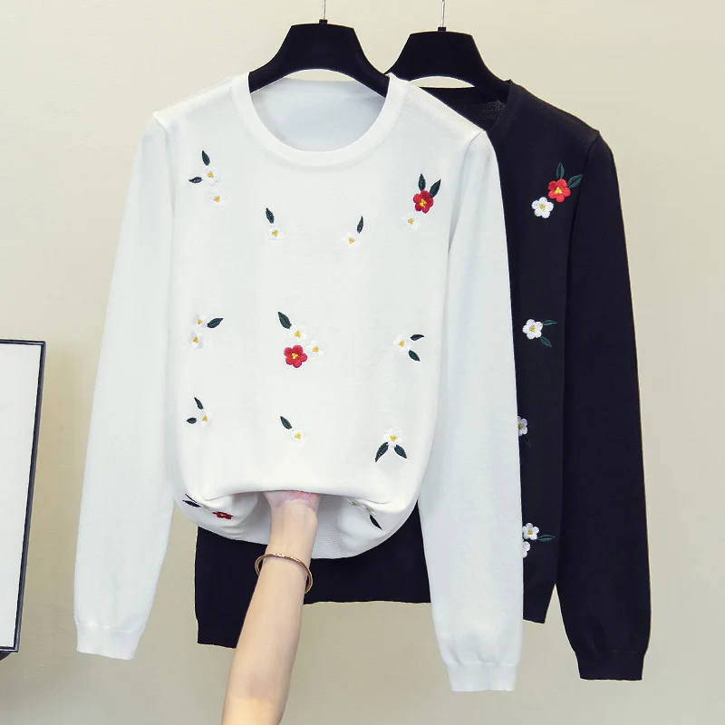 M-4X size embroidery women sweater pullover 2021 short sleeve o neck flower kintting female whine t-shirt thin jumper