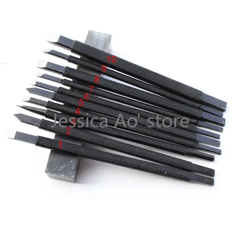 10pcs Set Mix Size Manganese Steel Seal Cutting Knife Beginner Stone Carving Knife Flat Oblique Round Sharp Pointed Lettering