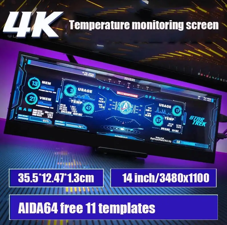 

12.6 inch 14 inch chassis secondary screen display computer temperature monitoring screen host status real-time display AIDA64