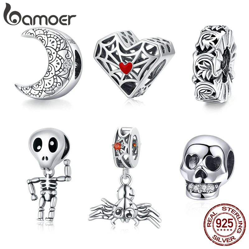 

bamoer Vintage Vines Bead 925 Sterling Silver Cool Skull Man Charms Pendant Fit Women Original Bracelet or Bangle Halloween Gift