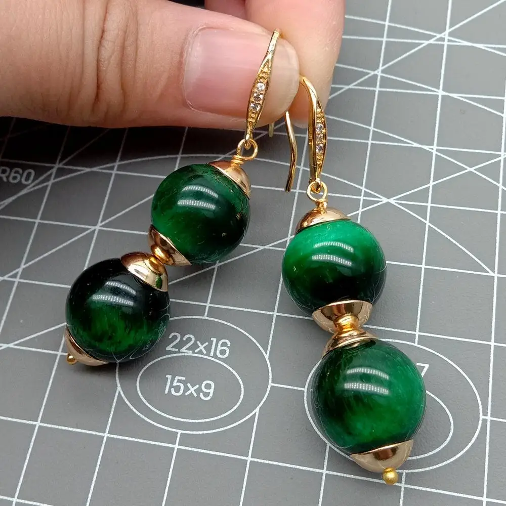 Y·YING 14mm Green Tigers Eye Smooth Round Dangle Hook Earrings
