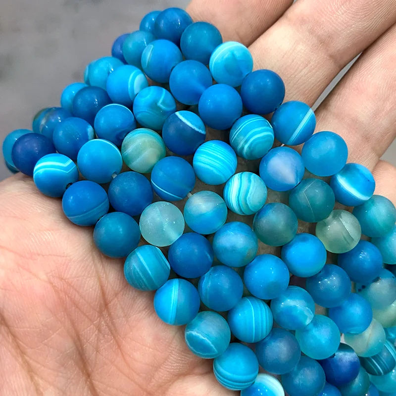 Ágatas de rayas azules mate, cuentas de ónix de encaje con bandas naturales, pulsera Diy, collar para hallazgos de joyería, hebra de 15 pulgadas, 4, 6, 8, 10, 12, 14MM