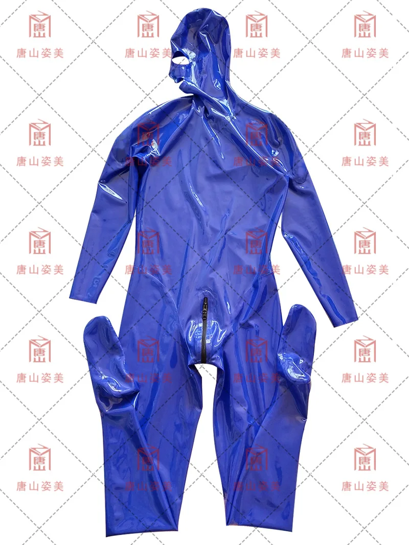 

DARK BLUE LATEX CATSUIT NO GLOVES WITH SOCKS OPEN EYES NOSE MOUTH CUSTOM MADE