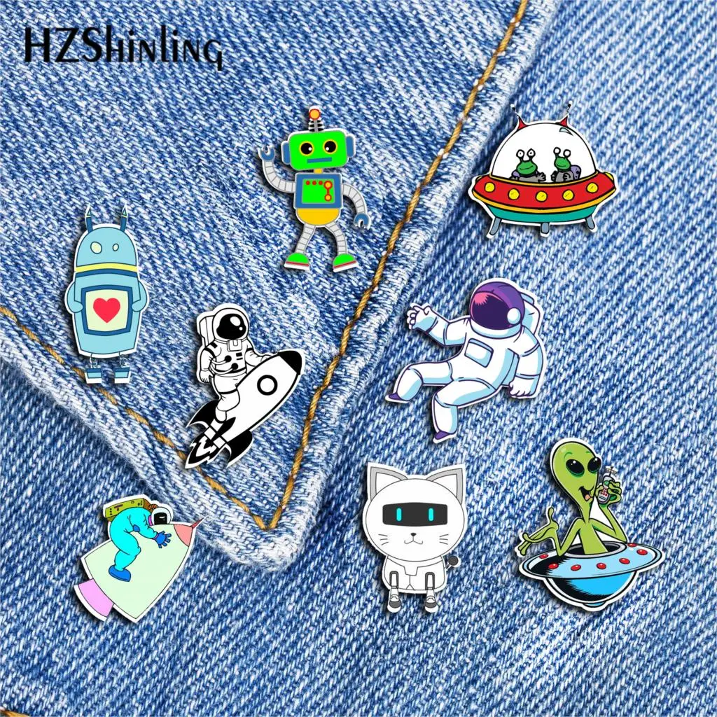 2019 New Astronaut Rocket Acrylic Lapel Pin Robot Planets Telescope Brooch Pin Handmade Epoxy Broochs