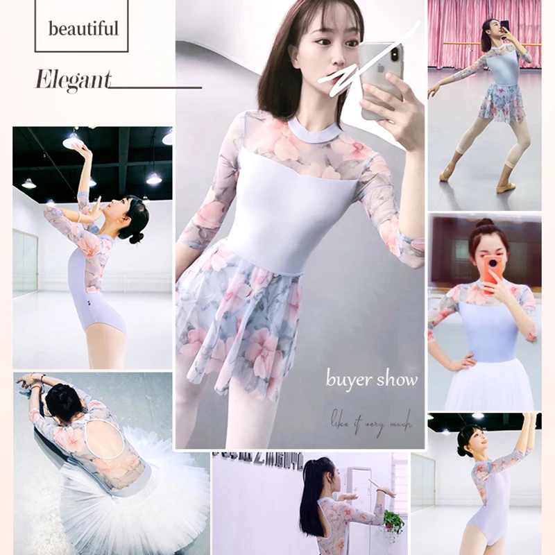 เต้นรำLeotardบัลเล่ต์สำหรับผู้ใหญ่กระโปรงแขนยาวFloraสูงคอบัลเล่ต์Leotard Ballet Ballerina DancewearยิมนาสติกLeotards