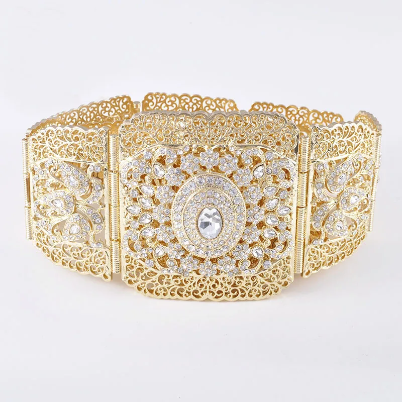Big Size Moroccan Caftan Wedding Metal Belt For Women Bride Crystal Flower Hollow Waist Chian Algeria French Rose color Belt