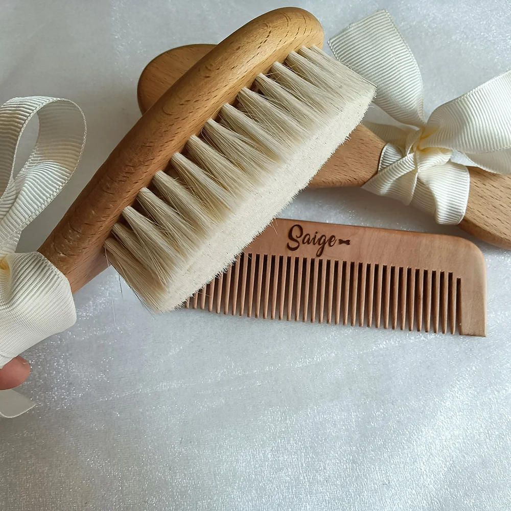 Custom Name Baby Bathing Comb Baby Care Hair Brush Pure Natural Wool Wood Comb Newborn Massager Baby Shower and Registry Gift