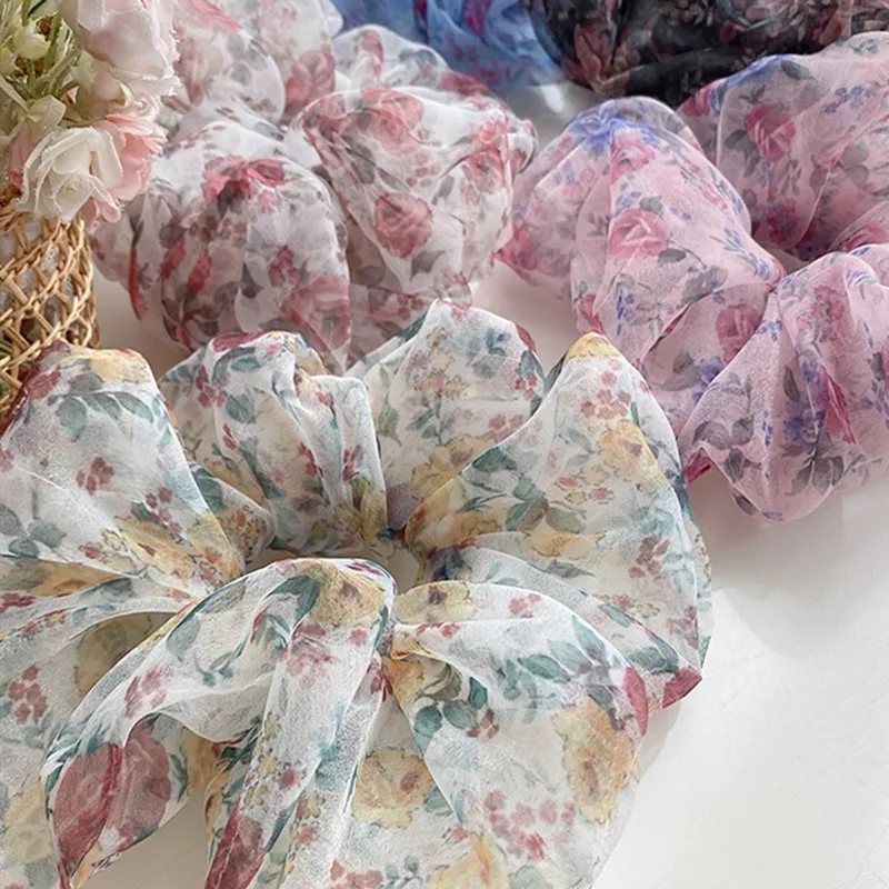 2021 New Fashion Oversized Organza Flower Large Hair Scrunchies Elastic Hair Ropes For Woman Girls Temperament Hair Accessories