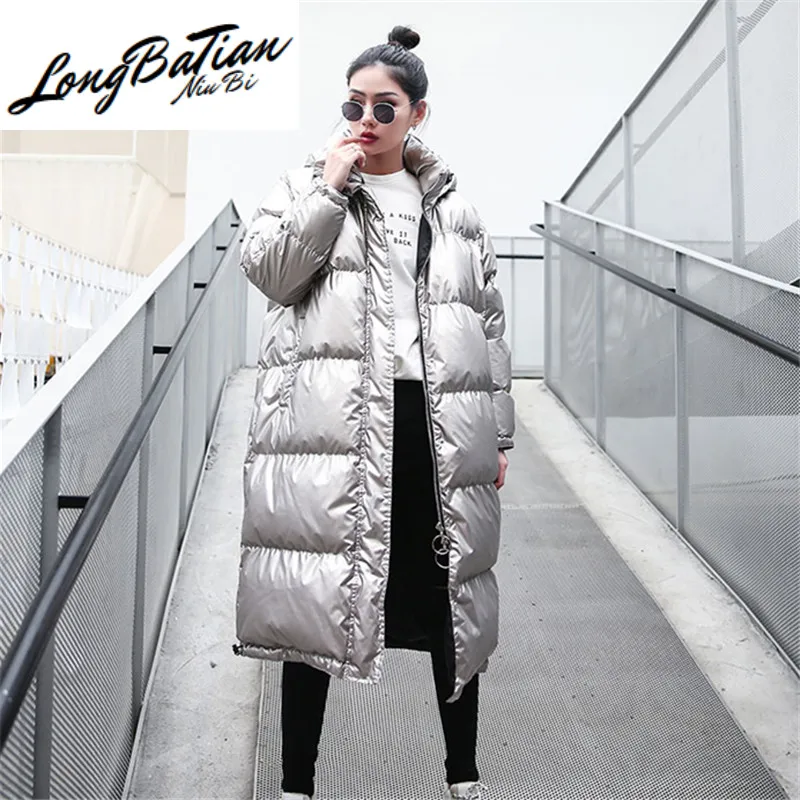 Korean Winter Long Down Cotton Jacket Women Fashion Glossy Silver Hooded Coat 2020 Plus size Loose Thin Warm Parkas Mujer Female