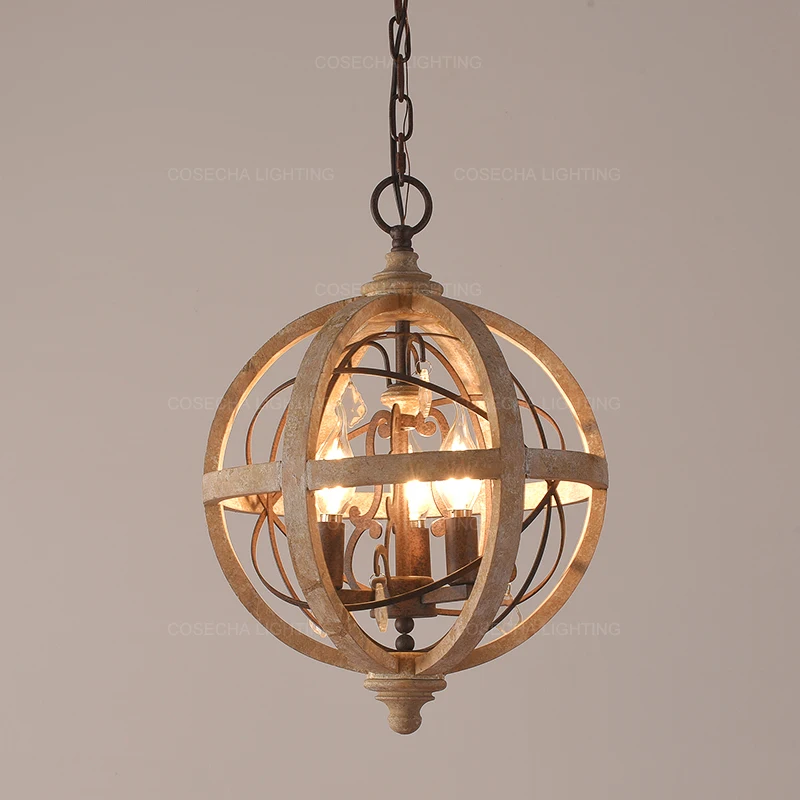 Globe Wood Chandelier Bedroom Living Room Hanging Lights Antique Round Sphere Wooden Chandelier For Master Bedroom Foyer Kitchen