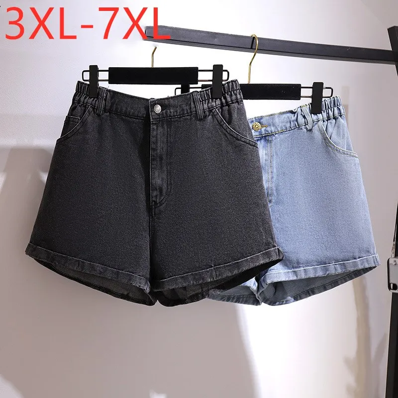 New 2023 Ladies Summer Plus Size Denim Shorts For Women Large Loose Cotton Wide Leg Pocket Bule Black Shorts 5XL 6XL 7XL