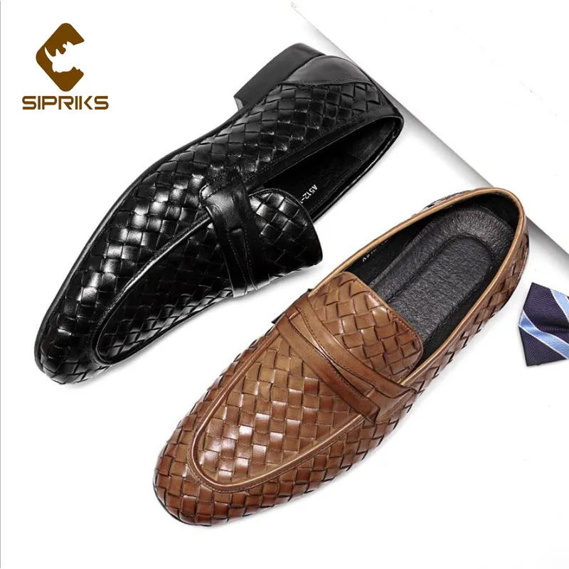 Sipriks Mens Woven Leather Loafers Retro Slip On Casual Shoes British Male Penny Loafer Elegant Gents Suit Wedding Flats Boss 46