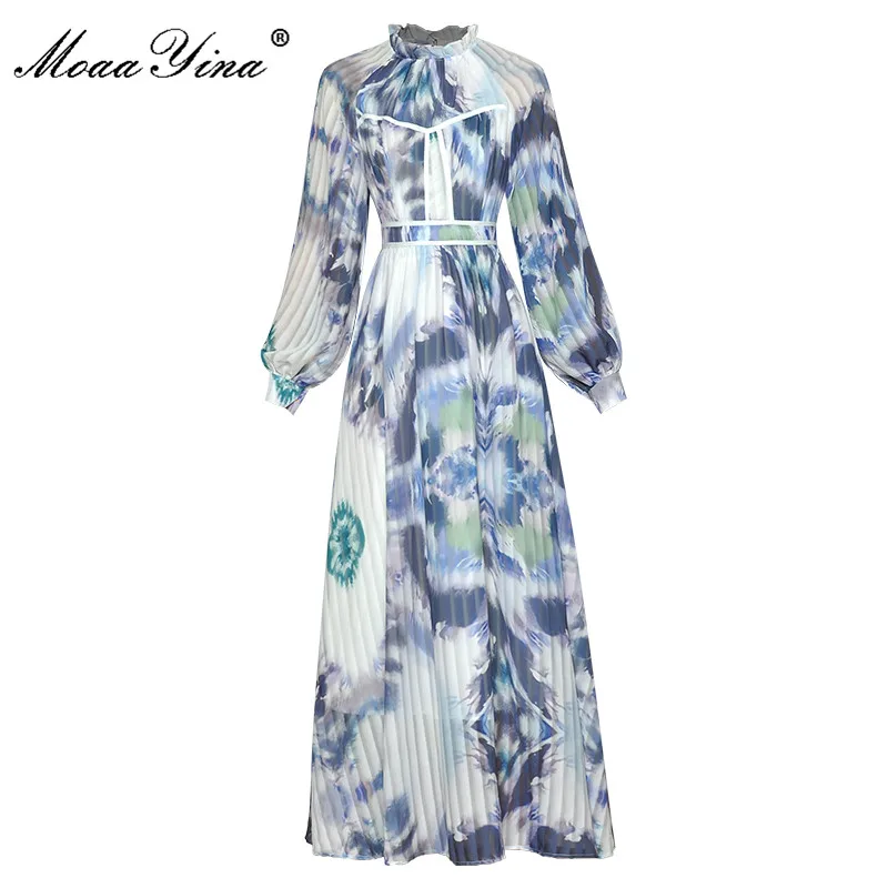 MoaaYina Fashion Designer Autumn Midi Dress Women's Lantern sleeve Tie-dye Stripe Printed Elegant Vacation Dress