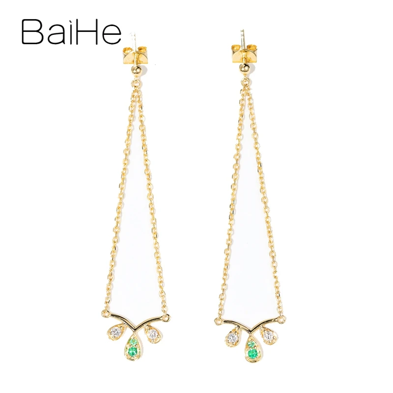 BAIHE Real Solid 14K Yellow Gold Natural Emerald Diamond Leaf Stud Earrings Women Trendy Party Fine Jewelry kolczyki серьги