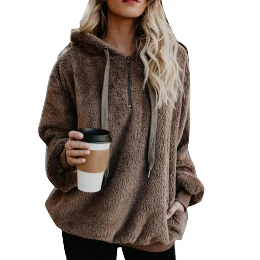 60%HOT Fall Winter Long Sleeve Plush Hooded Shirt Warm Sweatshirt Plus Size Winter Solid Zip Puff Hoodie Women\'s Hooded Sweatshi