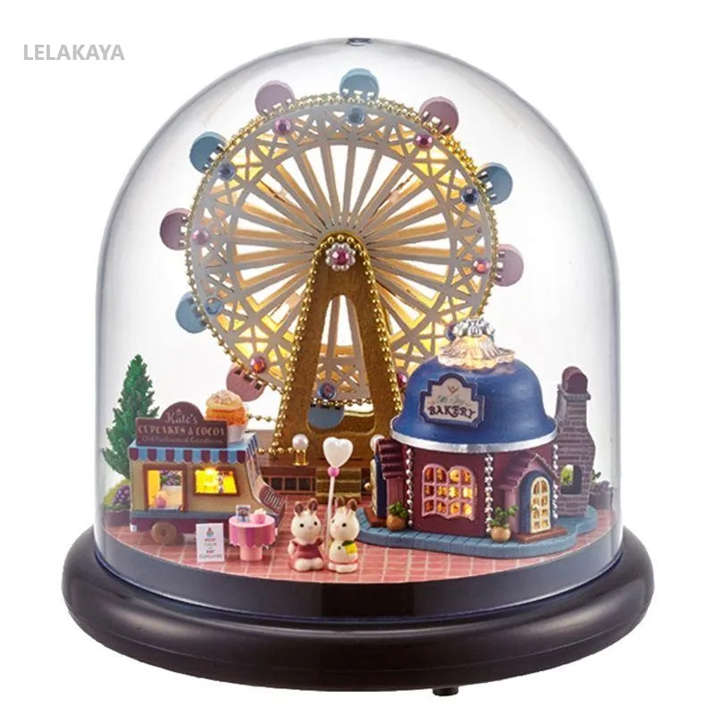 

Glass Dust Ball DIY Doll House Ferris Wheel Wooden Park Miniature Home Assembly Dollhouse Handmade Amusement Park Building Kit