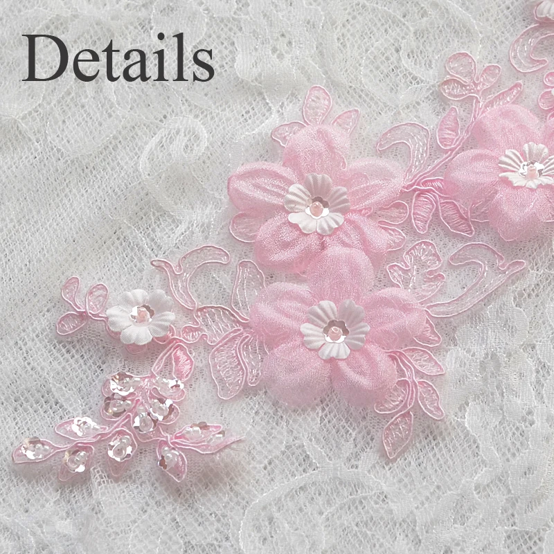 1Pair Pink Sewing Beaded Lace applique fabric 3d flowers embroidery lace applique trim Accessories with sequin for wedding dress