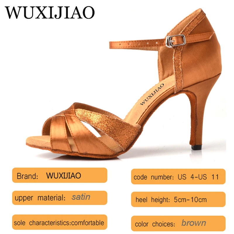 WUXIJIAO Latin dance shoes Salsa women\'s bronze satin unique tailor design satin shoes for ballroom dancing  Tango shoes