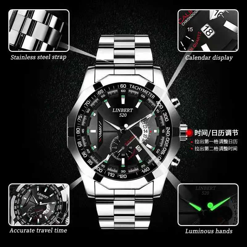 LINBERT 2021 Luxury Men\'s Watch Classic Luminous Stainless Steel Band Clock Chronograph Waterproof Relogio Masculino