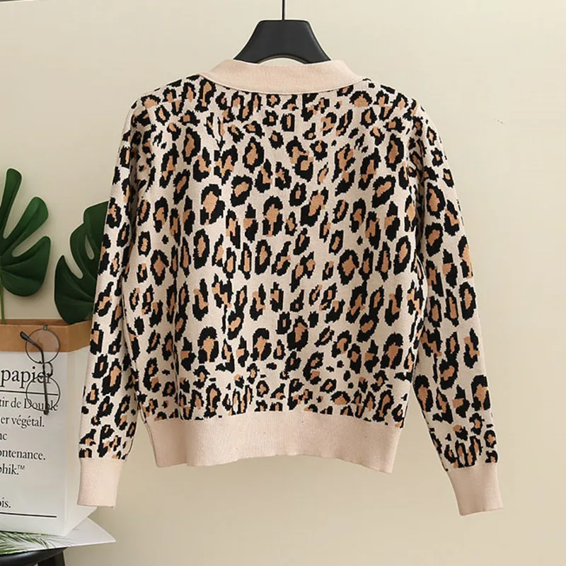 2021 Spring Autumn Vintage Leopard Print Women Knitted Sweater V-Neck Buttons Short Cardigan Casual Female Ladies Outwear