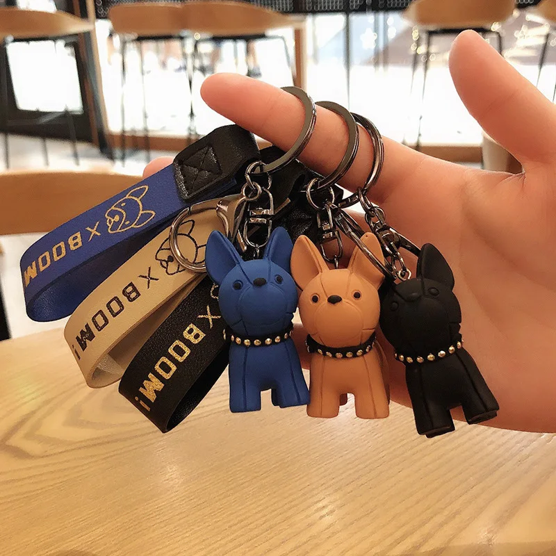 Cute French Bulldog Keychains PU Leather Rope Key Rings Punk Style Pendant Dog Keychains For Women Child Men's Car Key Chain