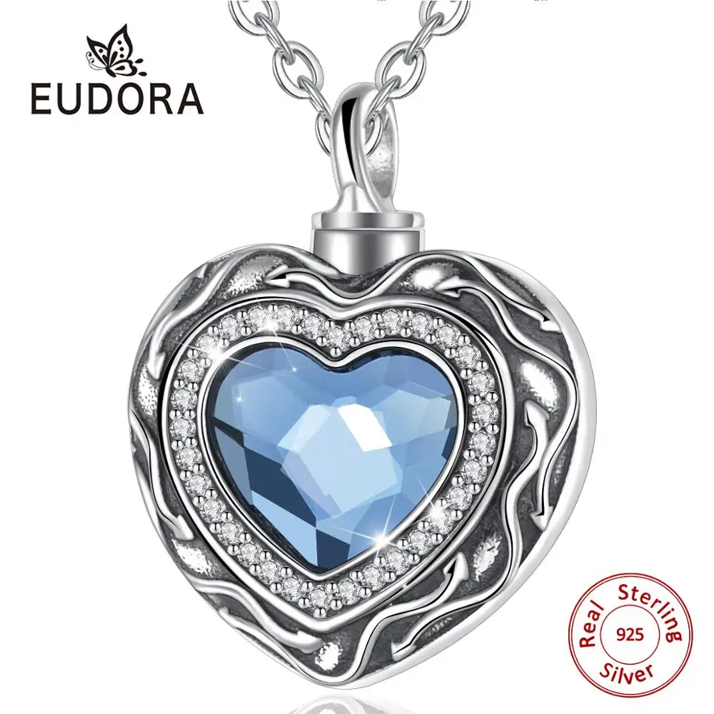 Eudora Sterling Silver Heart Locket Heart cremation memorial ashes urn Blue Crystal birthstone necklace jewelry keepsake CYG004