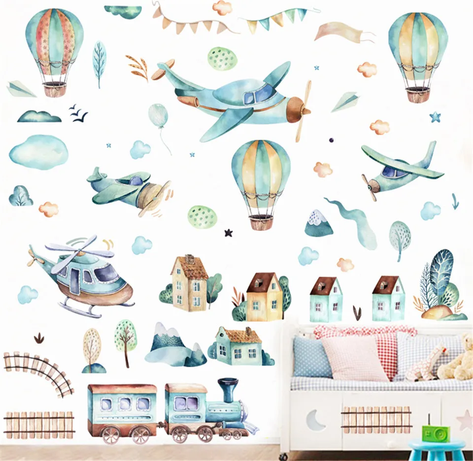 Vinyl Wallpaper Hot Air Balloon Train Wall Sticker Baby Nursery Decoration Child Kids Room Home Decor Decal Self Adhesive Murals