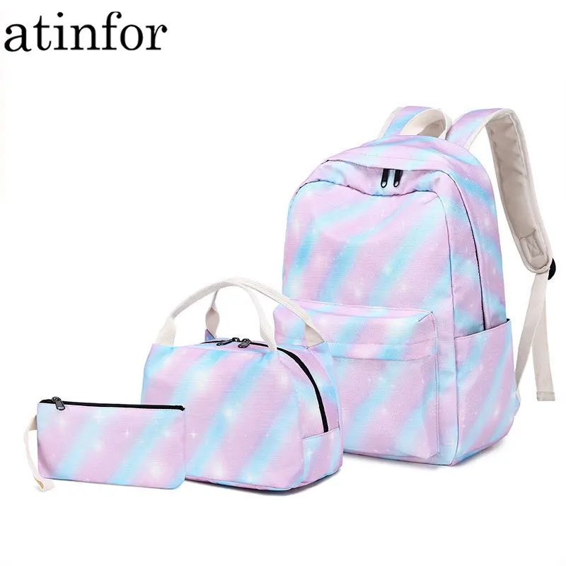 atinfor Brand Women Pink Set Backpack Female Laptop Stripe Knapsack Cute School Bag for Teenagers with Lunch Box Bags