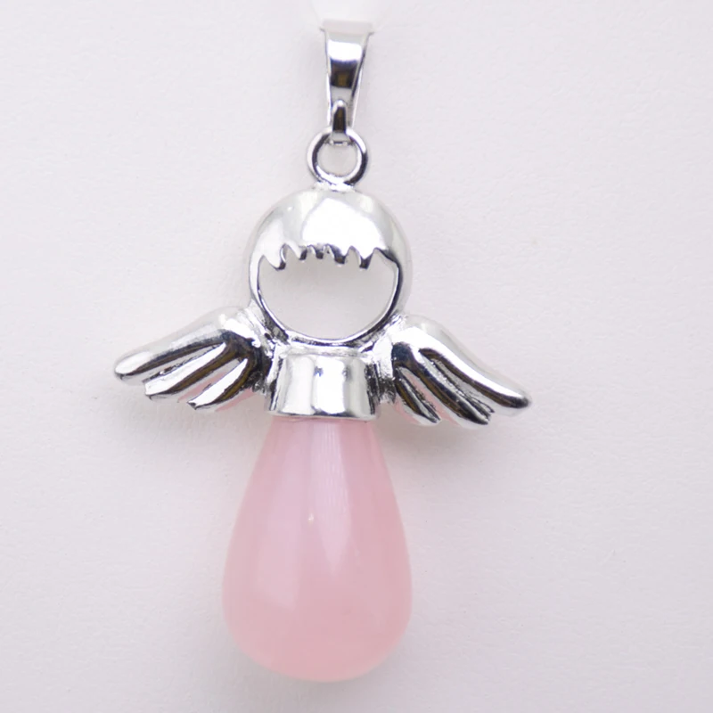 Natural Stones Crystal Angels Pendant for Necklaces Pink Quartz Black Onyx Pendants Silver-color Water Drop Female Child Jewelry