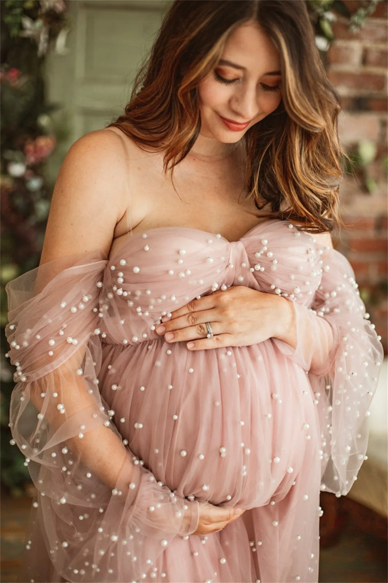 Romantyczna różowa sukienka ciążowa dla Babyshower Sweetheart Pearl Tulle suknia macierzyńska fotografia ciąża kobiety długa sukienka