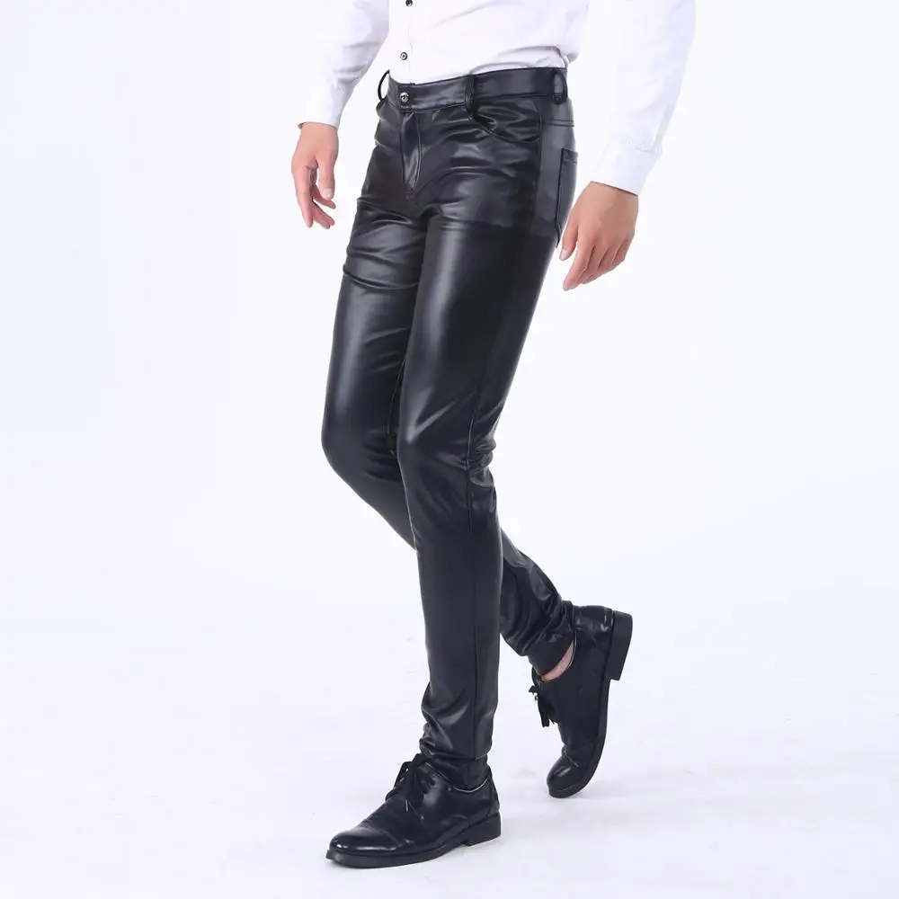 Pantalones de piel sintética para hombre, Pantalón ajustado de alta calidad, de lana, cálido, negro, Invierno